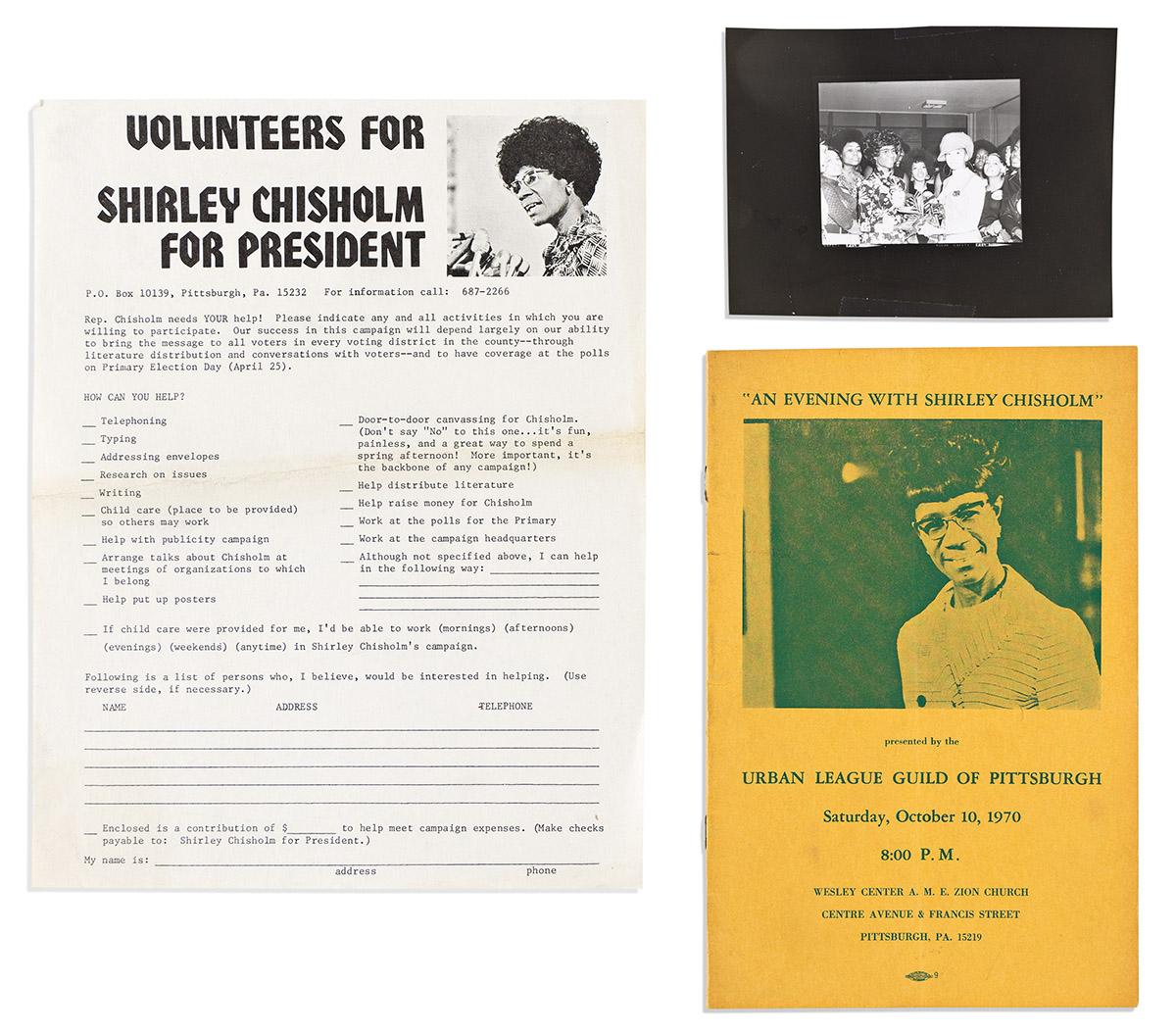 (POLITICS.) Group of Shirley Chisholm ephemera, including an event program and local campaign materials.